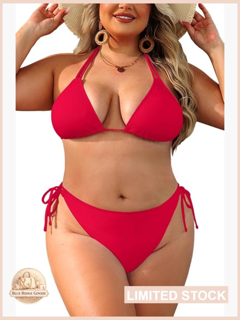 Plus Size Triangle Bikini Set Two Piece Double Straps Halter Swimsuit Side Tie